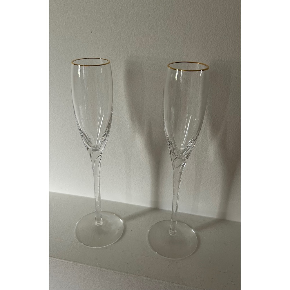 Lenox Eternal Gold Crystal Champagne Flutes Pair Twisted Stem Gold Rim 10.5"
